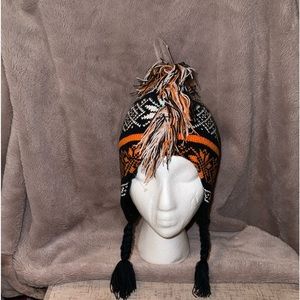 Mohawk toboggan in Black/Orange/White with Braids, Fleece lined, New